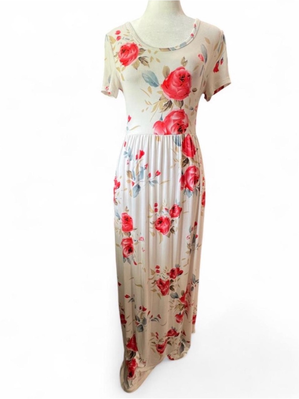 Floral Scoop Neck Maxi Dress in Cream and Coral